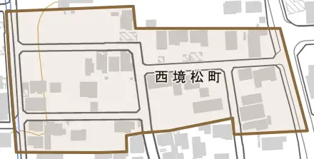 西境松町とその周辺の地図。町の範囲を重ねている