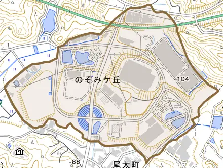 のぞみケ丘とその周辺の地図。町の範囲を重ねている