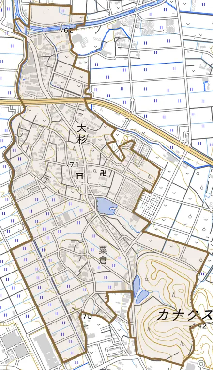 大杉とその周辺の地図。町の範囲を重ねている