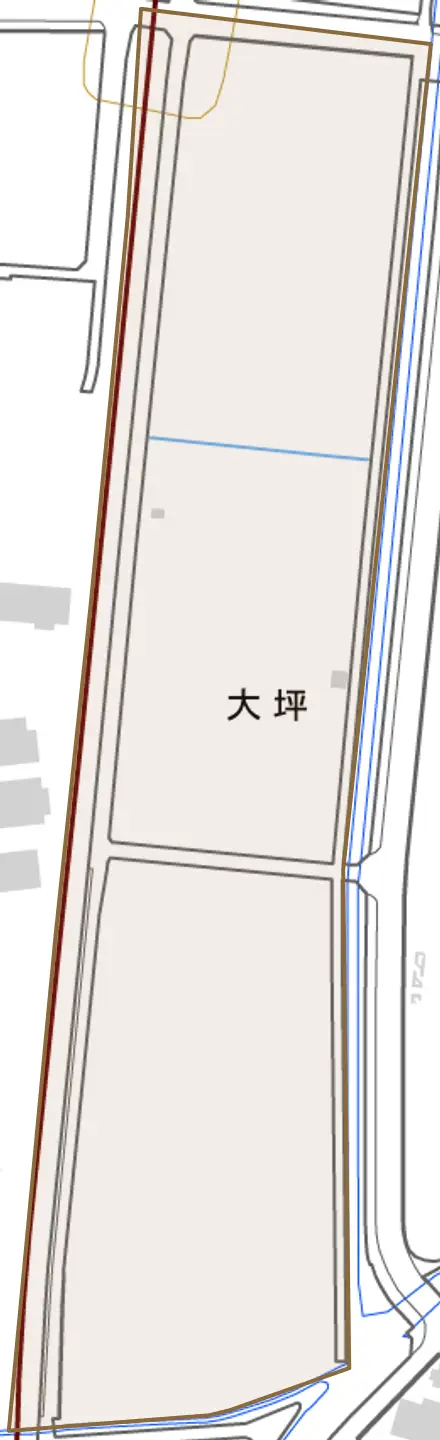 大坪とその周辺の地図。町の範囲を重ねている