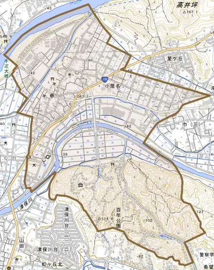 小屋名とその周辺の地図。町の範囲を重ねている