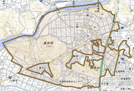 小瀬とその周辺の地図。町の範囲を重ねている
