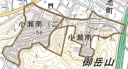 小瀬南とその周辺の地図。町の範囲を重ねている