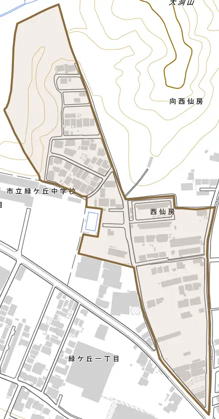 西仙房とその周辺の地図。町の範囲を重ねている