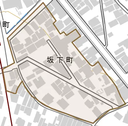 坂下町とその周辺の地図。町の範囲を重ねている