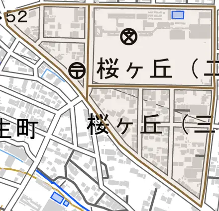 桜ケ丘とその周辺の地図。町の範囲を重ねている
