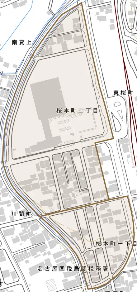 桜本町とその周辺の地図。町の範囲を重ねている