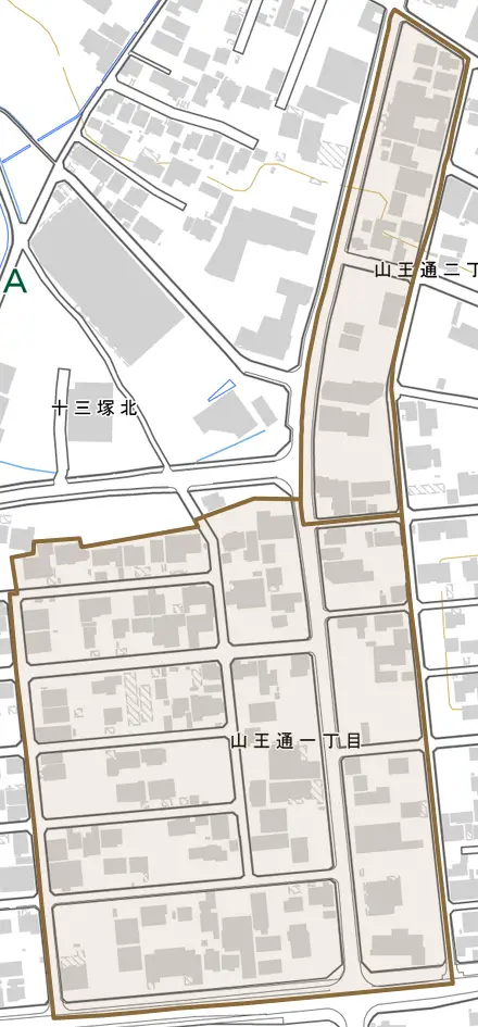 山王通とその周辺の地図。町の範囲を重ねている