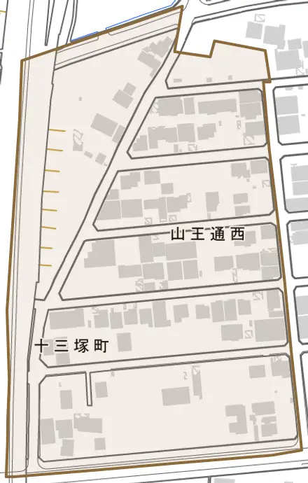 山王通西とその周辺の地図。町の範囲を重ねている