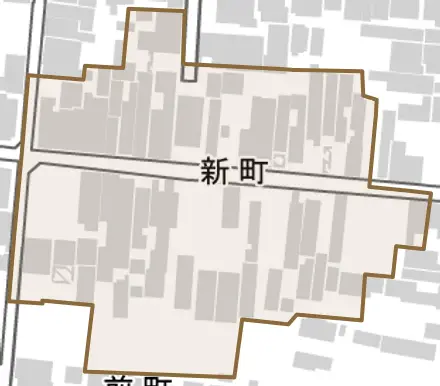新町とその周辺の地図。町の範囲を重ねている