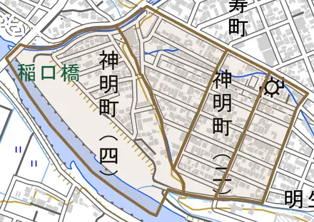 神明町とその周辺の地図。町の範囲を重ねている