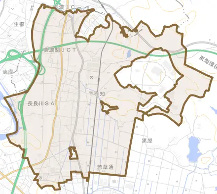 下有知とその周辺の地図。町の範囲を重ねている