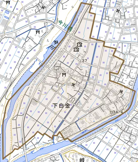 下白金とその周辺の地図。町の範囲を重ねている