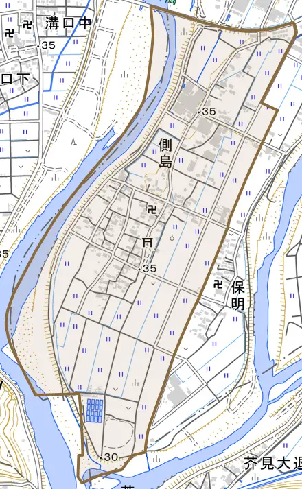 側島とその周辺の地図。町の範囲を重ねている