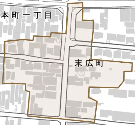 末広町とその周辺の地図。町の範囲を重ねている