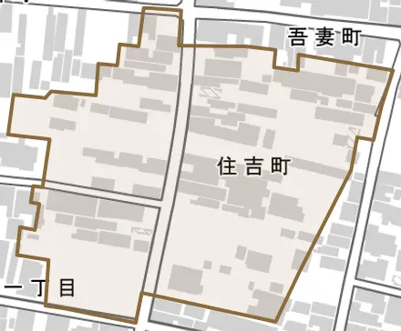 住吉町とその周辺の地図。町の範囲を重ねている