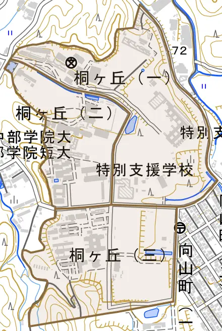 桐ケ丘とその周辺の地図。町の範囲を重ねている