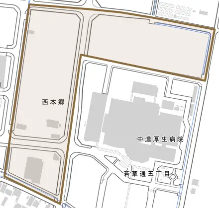 西本郷とその周辺の地図。町の範囲を重ねている