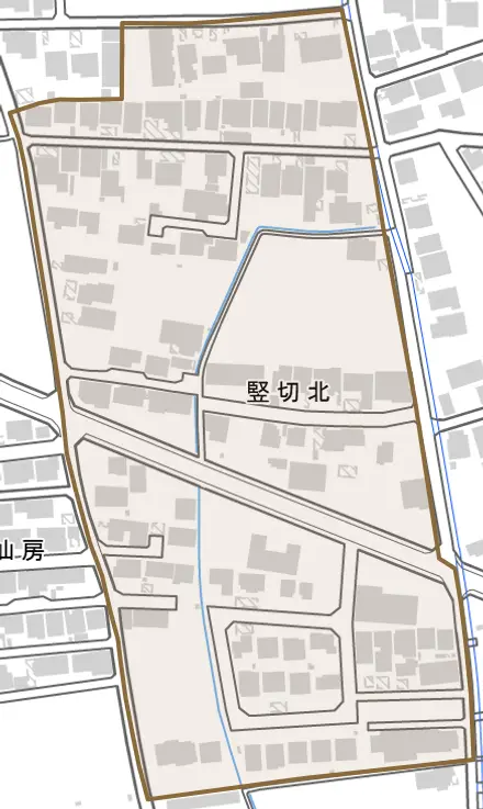 竪切北とその周辺の地図。町の範囲を重ねている