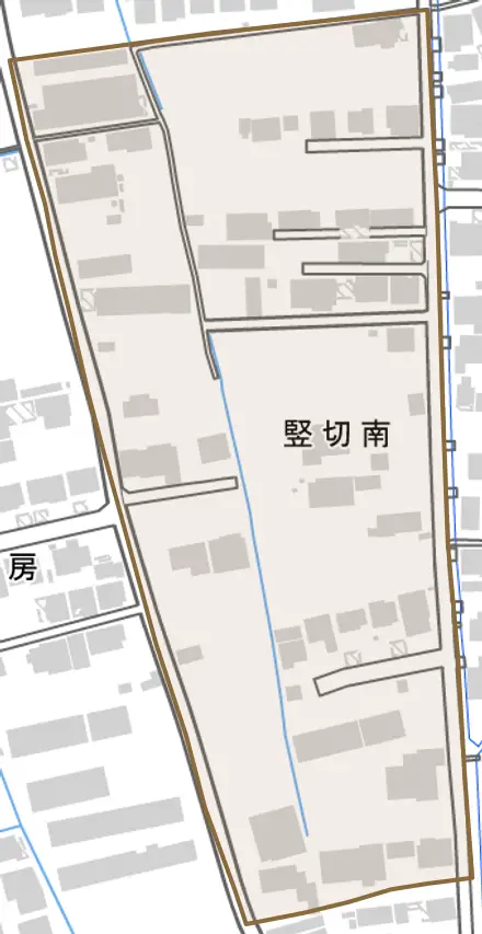 竪切南とその周辺の地図。町の範囲を重ねている