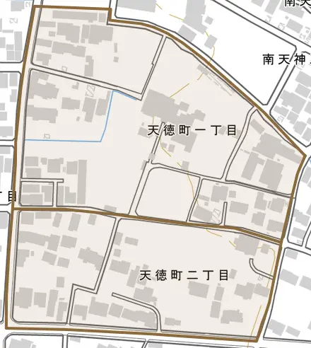 天徳町とその周辺の地図。町の範囲を重ねている