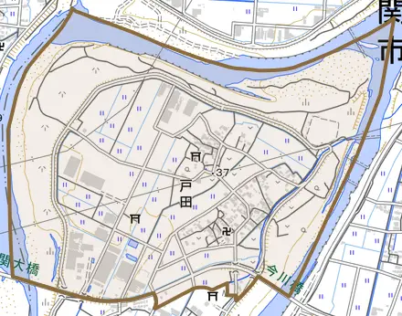 戸田とその周辺の地図。町の範囲を重ねている