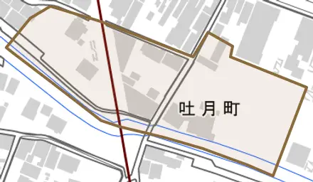 吐月町とその周辺の地図。町の範囲を重ねている