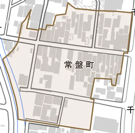 常盤町とその周辺の地図。町の範囲を重ねている