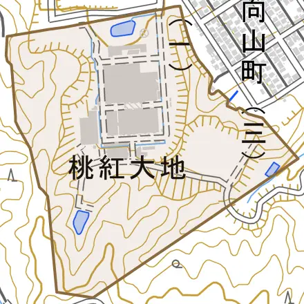 桃紅大地とその周辺の地図。町の範囲を重ねている