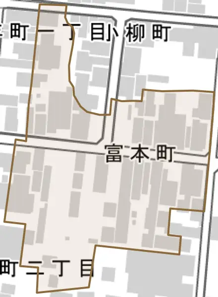 富本町とその周辺の地図。町の範囲を重ねている