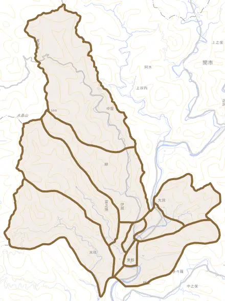 富之保とその周辺の地図。町の範囲を重ねている
