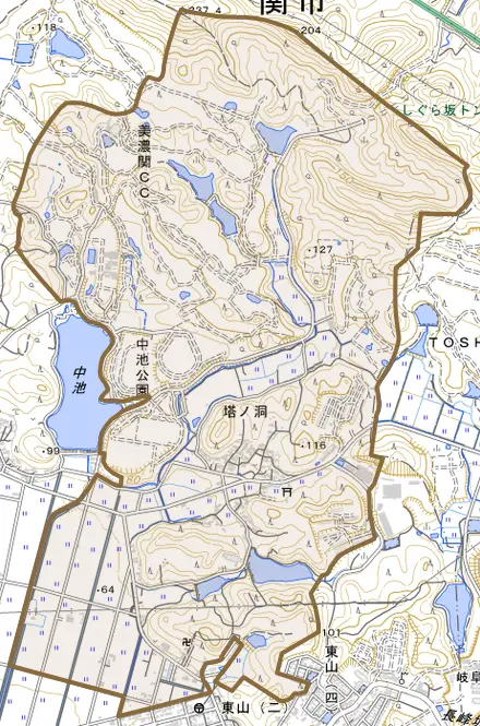 塔ノ洞とその周辺の地図。町の範囲を重ねている