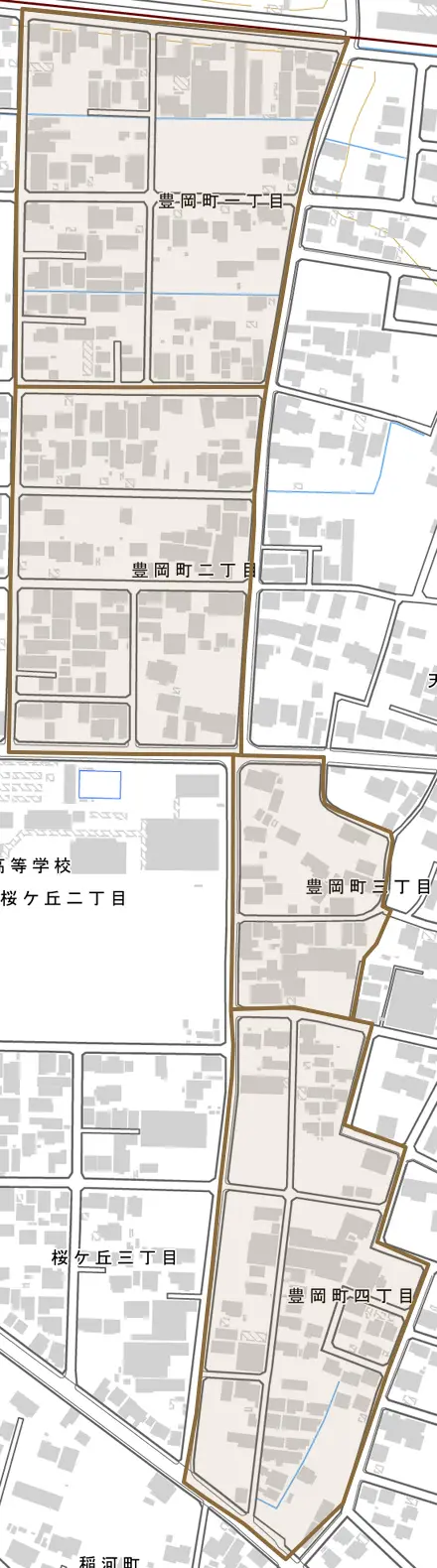 豊岡町とその周辺の地図。町の範囲を重ねている