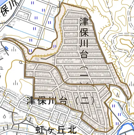 津保川台とその周辺の地図。町の範囲を重ねている