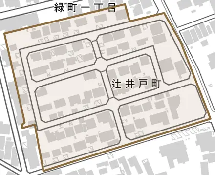 辻井戸町とその周辺の地図。町の範囲を重ねている