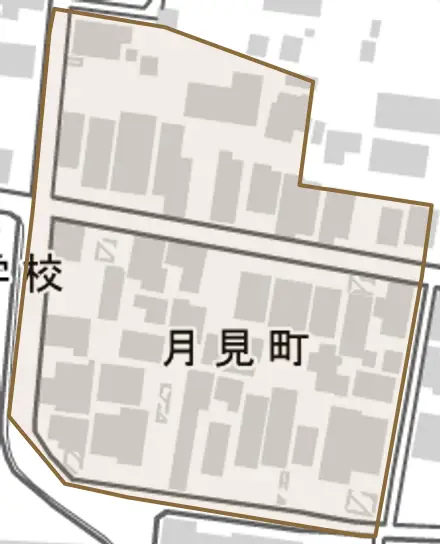 月見町とその周辺の地図。町の範囲を重ねている