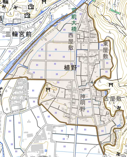 植野とその周辺の地図。町の範囲を重ねている