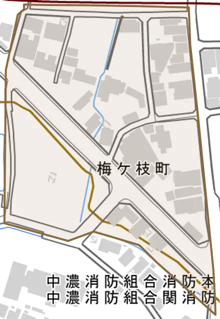 梅ケ枝町とその周辺の地図。町の範囲を重ねている