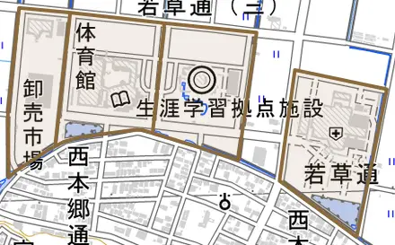 若草通とその周辺の地図。町の範囲を重ねている