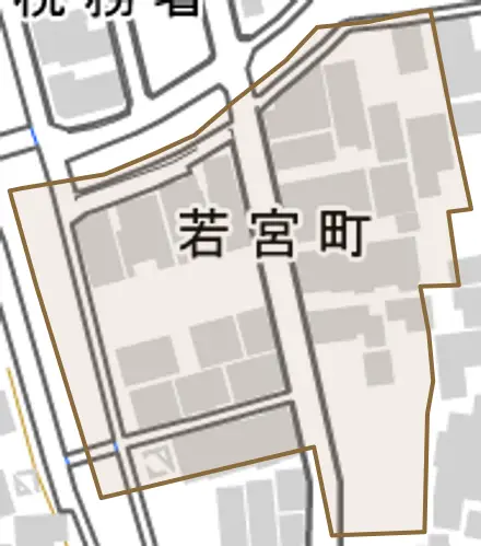 若宮町とその周辺の地図。町の範囲を重ねている