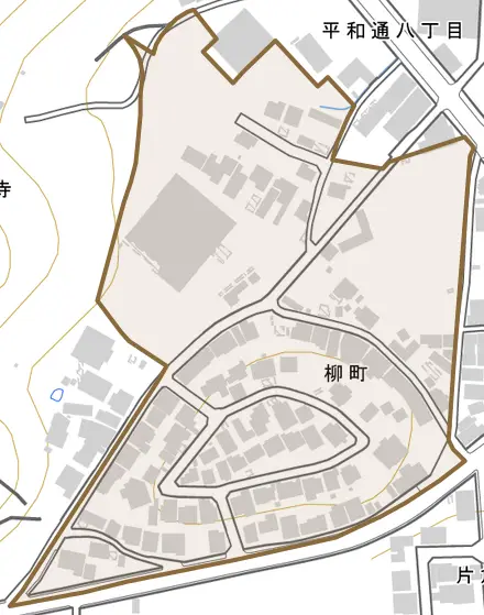 柳町とその周辺の地図。町の範囲を重ねている