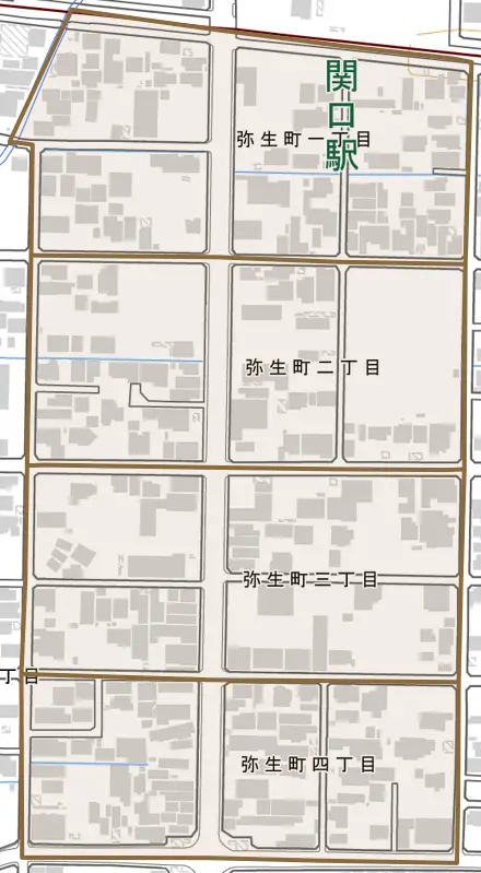 弥生町とその周辺の地図。町の範囲を重ねている
