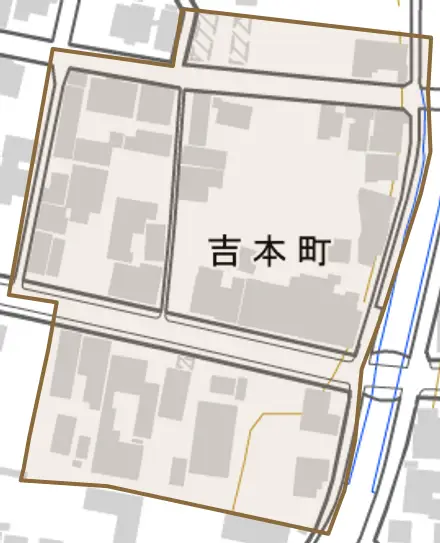 吉本町とその周辺の地図。町の範囲を重ねている