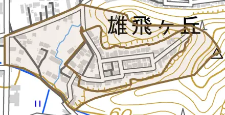 雄飛ケ丘とその周辺の地図。町の範囲を重ねている