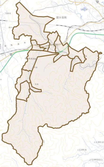 大字今須とその周辺の地図。町の範囲を重ねている