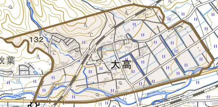大字大高とその周辺の地図。町の範囲を重ねている