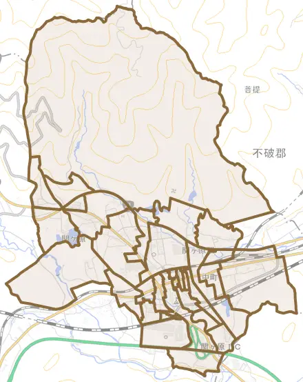 大字関ケ原とその周辺の地図。町の範囲を重ねている