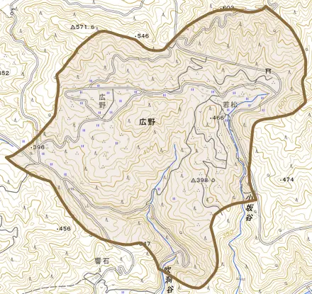広野とその周辺の地図。町の範囲を重ねている