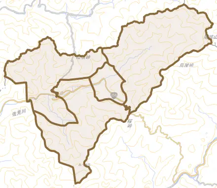 上佐見とその周辺の地図。町の範囲を重ねている