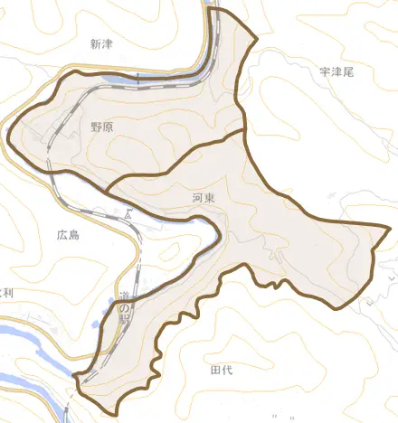 河東とその周辺の地図。町の範囲を重ねている